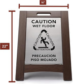Premium Outdoor Composite Caution Wet Floor Sign – Bilingual w/Non-Skid Plastic Feet, Black Plate – For Hotels, Schools, Offices, Areas, Restrooms, Pool Decks & Shops, Brown