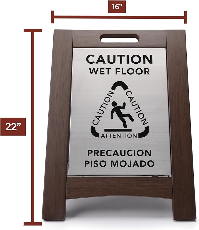 Premium Outdoor Composite Caution Wet Floor Sign – Bilingual w/Non-Skid Plastic Feet, Black Plate – For Hotels, Schools, Offices, Areas, Restrooms, Pool Decks & Shops, Brown