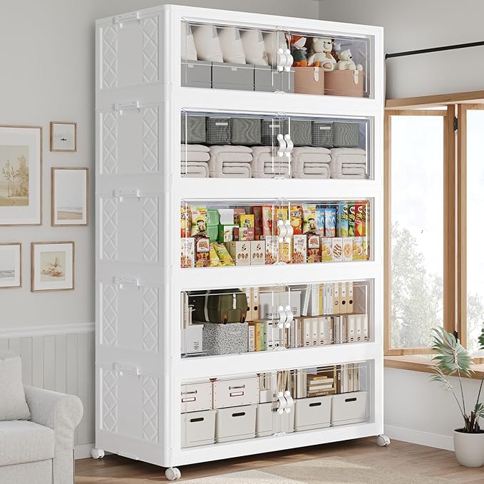 600QT Extra Large Stackable Storage Bins with Lid, 150Gal Collapsible Closet Organizer Box with Wheels, Folding Plastic Storage Cabinet with Doors for Home Kitchen Office Dorm, 5Pack White