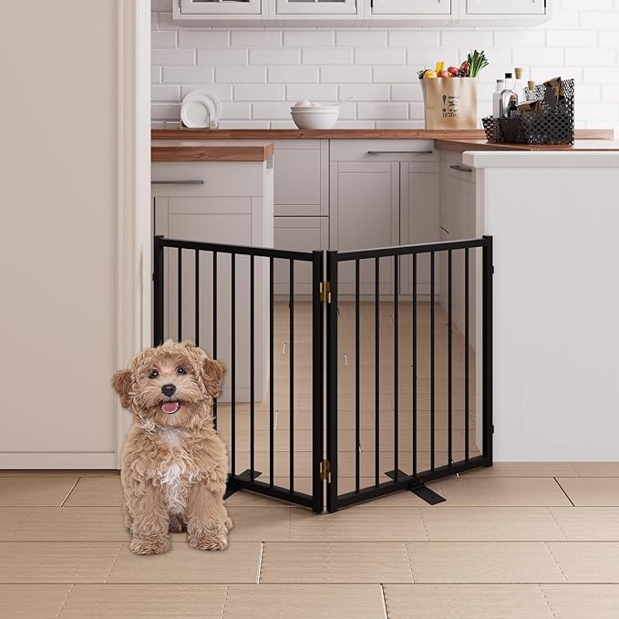 2 Panels Full Metal Freestanding Dog Gates, 40” W x 24” H Folding Pet Gate Fence with Support Feet for Indoor,Stairs, Hallways and Doorways(Black)