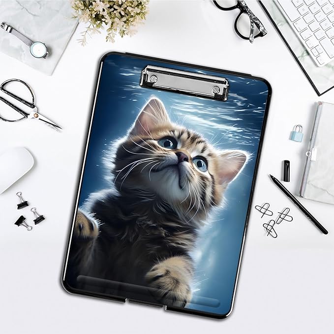 Clipboard with Storage,Office Supplies Nursing Clipboards Folder with Pen Holder Plastic Foldable Clip Board with Storage for Nurse Teacher,Swimming cat