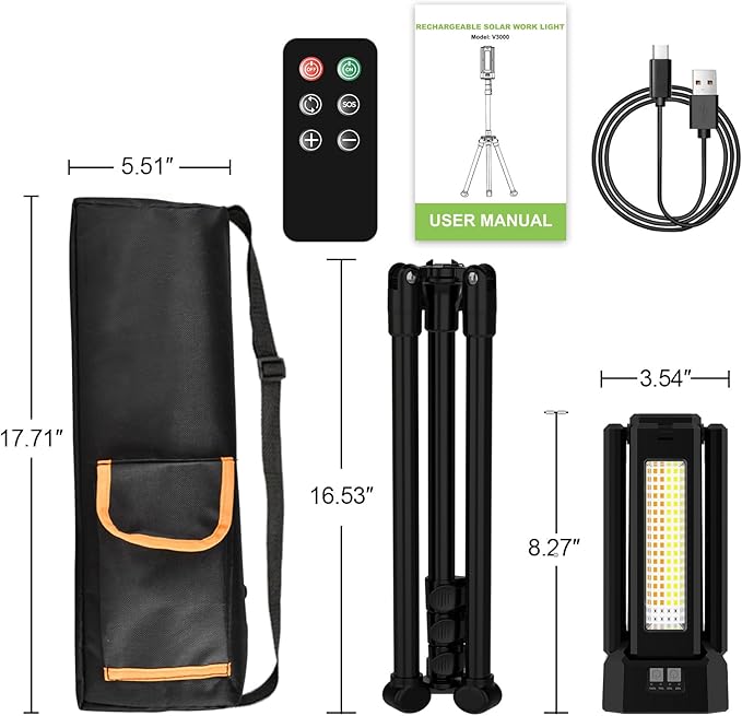 13200mAh Rechargeable Solar Work Light with Folding Stand Support and Portable Carrying Bag, 8000 Lumen Stepless Dimmable, 4 Lighting Modes, White/Warm/Warm White (Black(Standard))