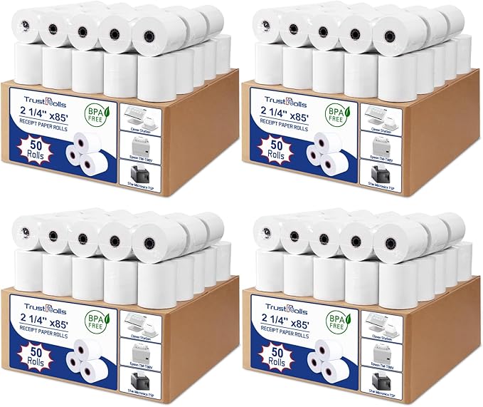 (200 Rolls) Premium 2 1/4 x 85 Thermal Paper Rolls - BPA Free Credit Card Receipt Paper for POS, ATM & Restaurant Printers