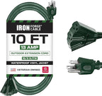 Iron Forge Cable 10ft Green Outdoor Extension Cord with 3 Outlets - 16/3 SJTW 10ft Extension Cord 3 Prong, 13 Amp All-Weather Heavy Duty Power Cable
