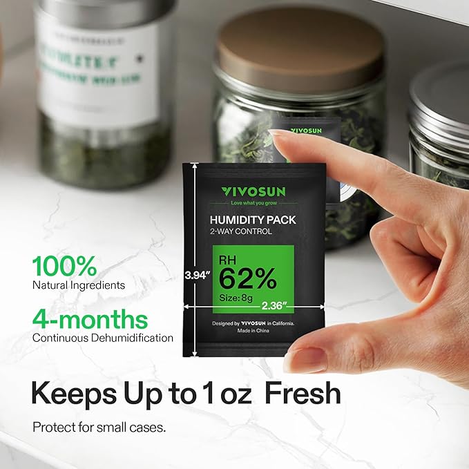 VIVOSUN 62% RH Two-Way Humidity Control Packs, Size 8 g, 10 Packs, Each for Storing 1 oz, Moisture Balancer with RH Indicator Card for Food Storage