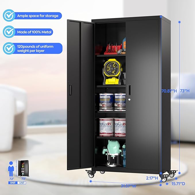 73" H×31.57" W×15.71" D Garage Storage Cabinet with Wheels, Metal Storage Cabinet with 4 Adjustable Shelves and Lockable Doors for Garage Home Office Utility Room,Required Assembly,Black