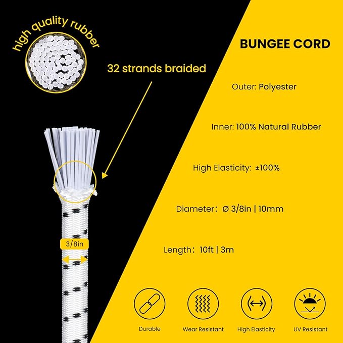 Bungee Cord Elastic Shock Cord 3/8" x 10' Bungee Rope for DIY, Tie Downs, Kayak and Outdoor - White&Black