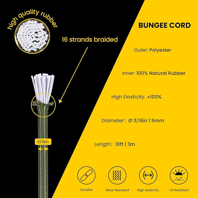 Bungee Cord Elastic Shock Cord 3/16" x 10' Bungee Rope for DIY, Tie Downs, Kayak and Outdoor - Army Green