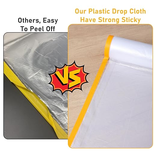 Pre-Taped Masking Film, 4 Rolls 8.8 x 65 Feet Plastic Sheeting, Painters Drop Cloth for Automotive, Furniture, and Appliance Protection