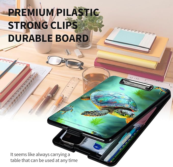 A4 Clipboards,Heavy Duty Waterproof Nursing Plastic Folder Clipboard with Storage Clip Boards,File Folder Storage Box Clipboard Case for Teacher,Doctor,Offices,Sea Turtles