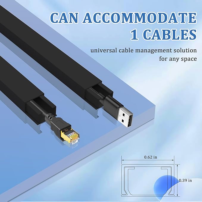 Small Cable Concealer - One-Cord Channel Cable Management System - Compact Cord Cover for Home and Office, 8-Pack 125 inch, Black
