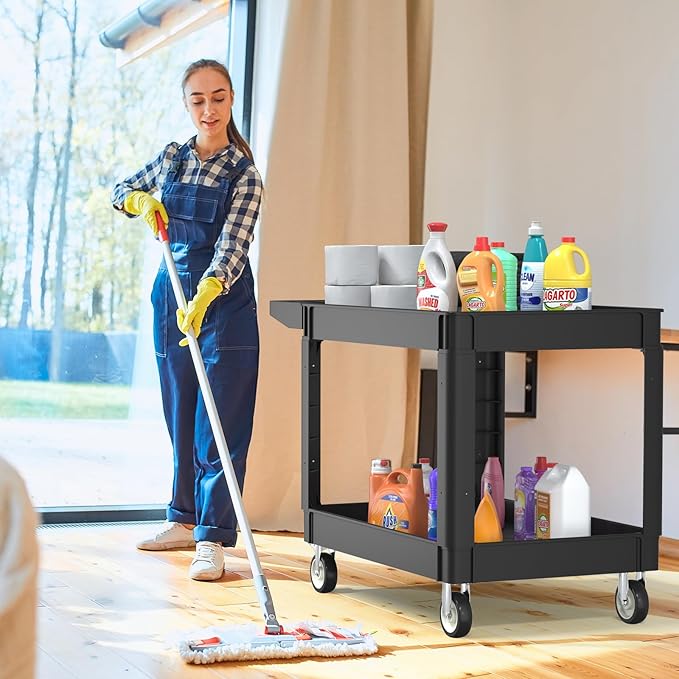 Utility Cart on Wheels, 2 Shelf Heavy Duty Plastic Rolling Cart, 550LBS Capacity Service Carts for Warehouse, Garage, School, Kitchens, Office(Black, 45.7)