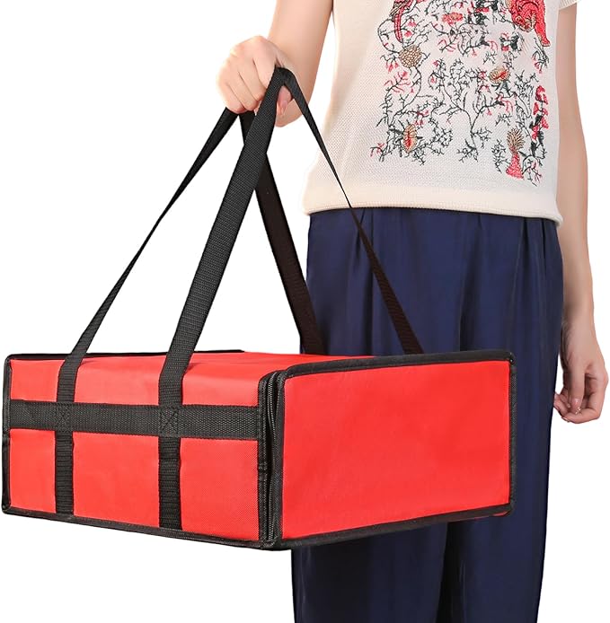Bodaon Insulated Food Delivery Bag 16" x 16" x 6" – Compact Pizza Bag Holds Up to 3 Pizza Boxes, Foldable Thermal Carrier Cooler for Commercial Food Delivery Staff, Red