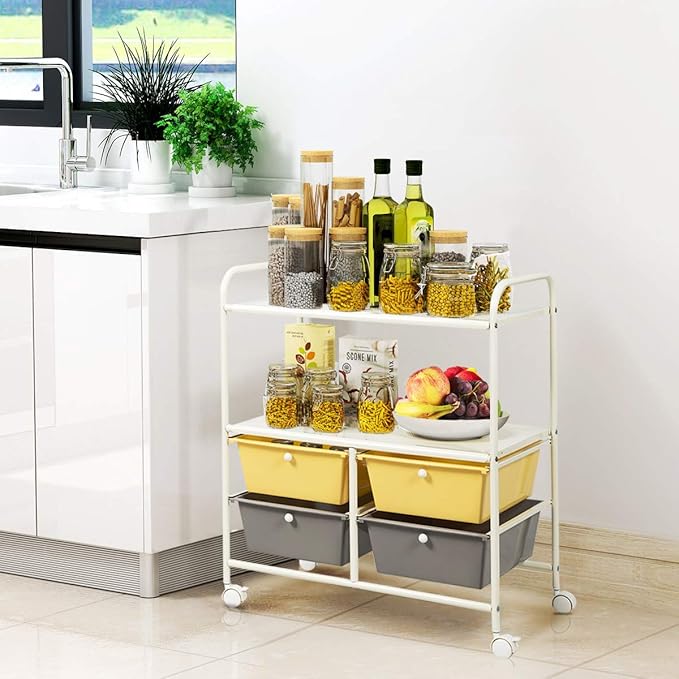 Giantex Rolling Storage Cart w/ 4 Drawers 2 Shelves Metal Rack Shelf Home Office School Beauty Salon Utility Organizer Cart with Wheels (Yellow)