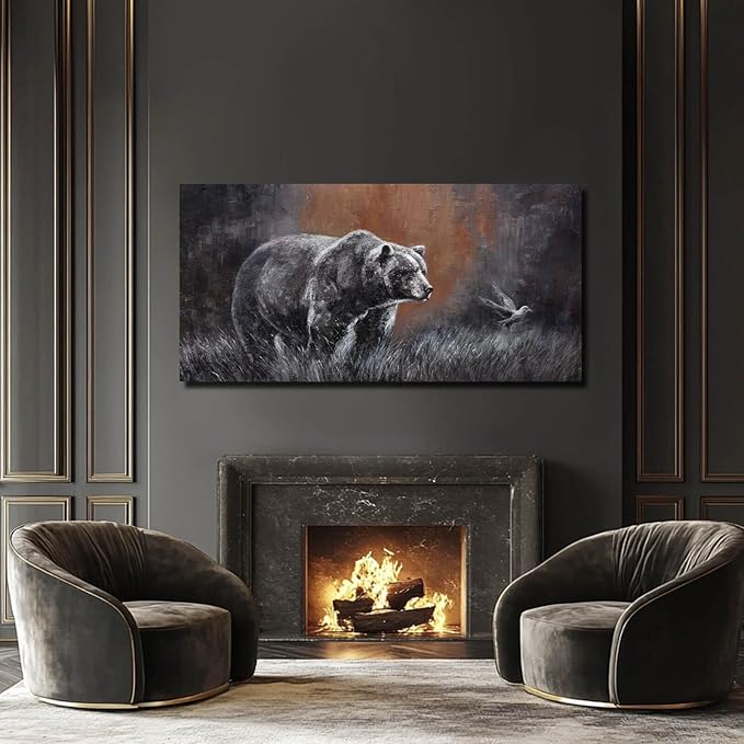 ZHENGYIN Extra Wide Panoramic Bear Canvas Wall Art,Black and White Wildlife Artwork, Earth Tone Background, Modern Rustic Wall Decor for Great Room Living Room, Over Sectional, 29x58 Inch
