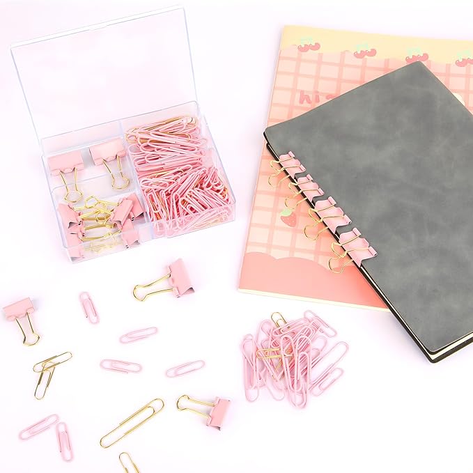 Cute Paper Clips Binder Clips Combo Set, 165 Psc, Assorted Size Paper Clips for Office, Cute Office Supplies Set, Pink