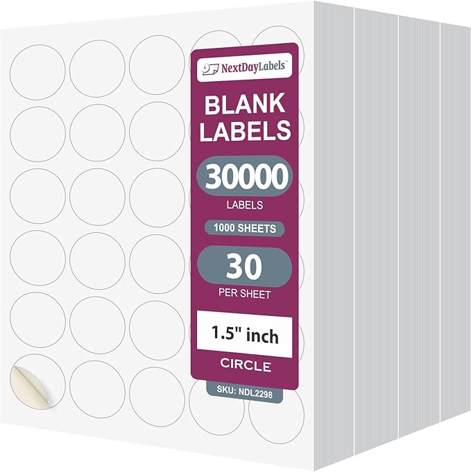 NextDayLabels – 1.5 Inch Round Labels - Round Sticker Labels for Printer - Matte White Blank Laser/Inkjet Printer Labels - Circle Stickers Printable Labels (1000 Sheets, 30 Per Sheet, 30000 Labels)