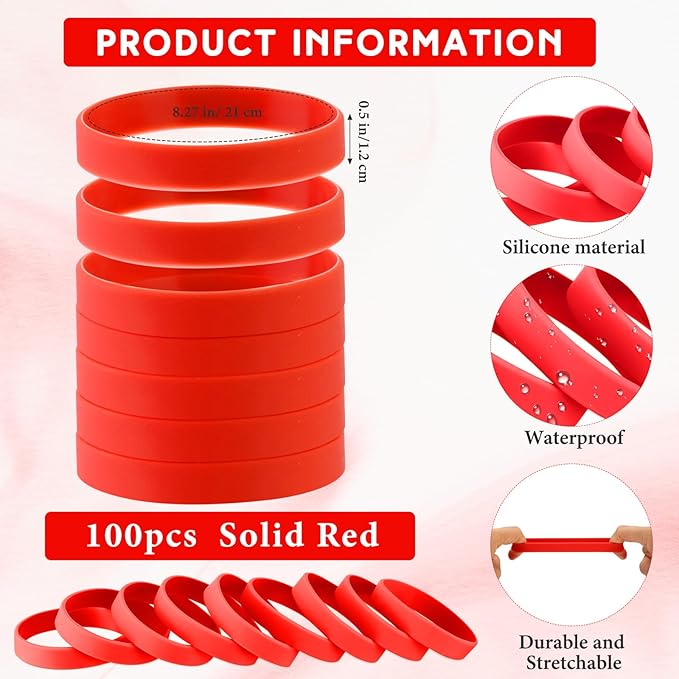 Liliful 100 Pcs Silicone Rubber Wristbands Rubber Wristband Bracelet Bands for Silicone Wristbands for Women Men(Red)
