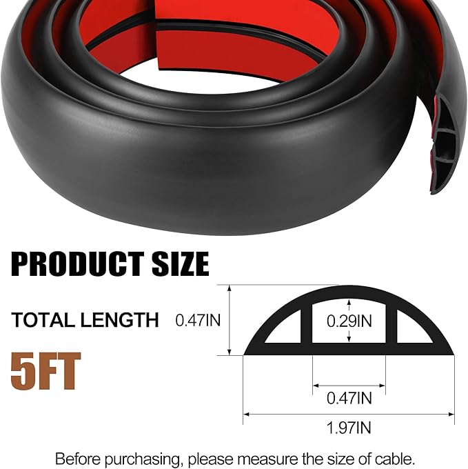 MYFAMIREA 5FT Floor Cord Cover for Wire Self Adhesive Cable Cavity Management PVC Extension Cord Hider Power Floor Wire Protector Cover Prevent Cable Trip for Office Home Outdoor (Black, 1.97'')
