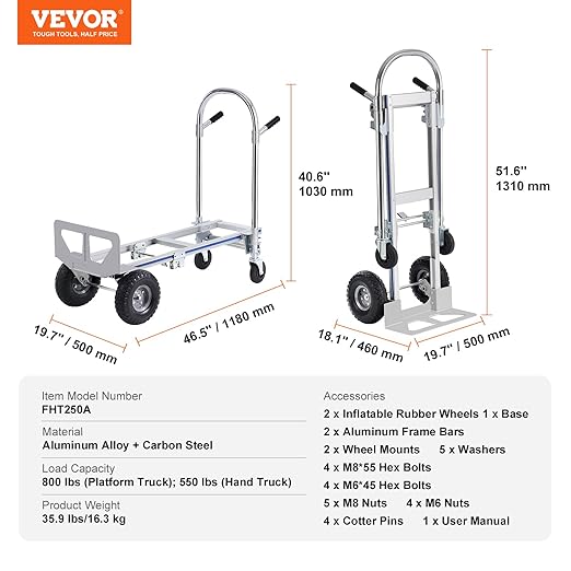 VEVOR Aluminum Truck, 2 in 1, 800 lbs Load Capacity, Heavy Duty Industrial Convertible Folding Hand Truck and Dolly, Utility Cart Converts from Hand Truck to Platform Cart with Rubber Wheels