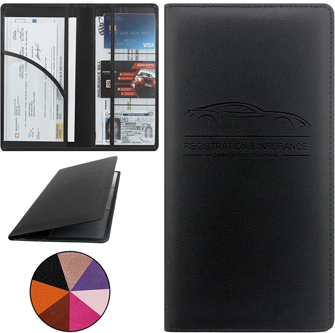 Car Registration and Insurance Holder, Premium Pu Leather Vehicle Glove Box Organizer - for Driver License, Cards & Essential Documents (L-Black)