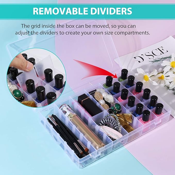 2 Pack 36 Grids Bead Organizer Box, Plastic Craft Organizers and Storage with Adjustable Dividers, Screw, Parts & Tackle Box for Jewelry Making, Art Supplies and Rock Display Case