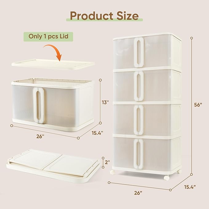 VUSIGN 360 QT Stackable Storage Bins with Lid, Folding Storage box with Wheels, Collapsible Plastic Storage Bins for Closets, Stackable Storage Organizer, Storage Containers, 4Pack, White