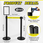 Therwen 6 Pack Heavy Duty Crowd Control Stanchions 9.8 ft Stainless Steel Stanchion Set with 6 Safety Barrier Post Retractable Belt and 1 Sign Holder Crowd Control Barrier(Caution Belt,Black)