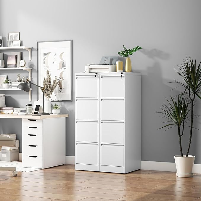 4 Drawer File Cabinet with Lock, Vertical Filing Cabinets for Home Office, Metal Storage Cabinets, Heavy Duty File Cabinet for Letter/Legal/A4/F4 Size Amssebly Required, White