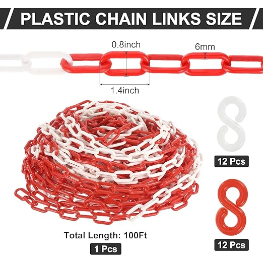 PATIKIL Plastic Chain Links, 100 Foot Safety Barrier Chain Red/White for Crowd Control, Queue Line, Parking, Fence, Gate, Concert, Construction Site and Decoration