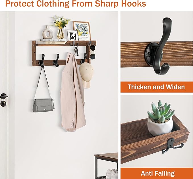 Coat Rack Wall Mount with Shelf, Coat Hanger Wall Mount with Key Hooks and Mail Holder, Wood Entryway Floating Shelf with Hooks and Storage, Hat Rack for Wall Key Holder Mail Organizer