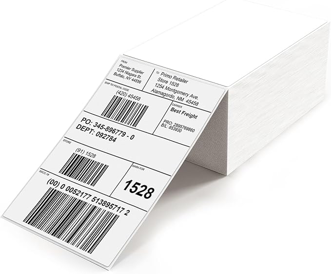 White Direct Thermal Labels 4 × 6 Inch Vinyl Self-Adhesive Fanfold Shipping Stickers Waterproof Perforated Printer Decal for Office School Warehouse 500 PCS