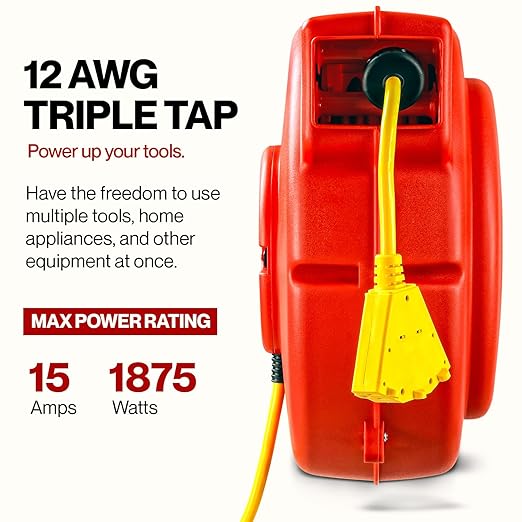 ReelWorks Extension Cord Reel Retractable 12AWG x 65' Foot 3C/SJT Heavy Duty Commercial Cable Triple Tap Connector Power 15A 125VAC 1875W