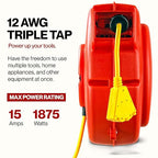ReelWorks Extension Cord Reel Retractable 12AWG x 65' Foot 3C/SJT Heavy Duty Commercial Cable Triple Tap Connector Power 15A 125VAC 1875W