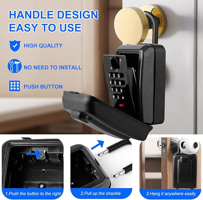 Key Lock Box, 12-Digit Code, Weatherproof Wall Mount, Large Capacity 5-8 Keys, Aluminum Alloy (Black, 3.58 * 2.24 * 7.8IN with Shackle)