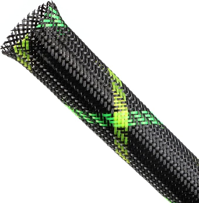 Expandable Braided Sleeving, PET Automotive Wire Loom, Flexible Cable Management for Audio Video and Other Home Device, Cord Protector from Pets (Black Green Yellow, 5/8" x 25ft)