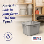 HOMZ 8-Pack Durable Molded Bin, Plastic Storage Containers with Lids, 10 Gallon, Silver - Stackable Organizer Totes and Boxes for Bedroom, Kitchen, and Garage Organization