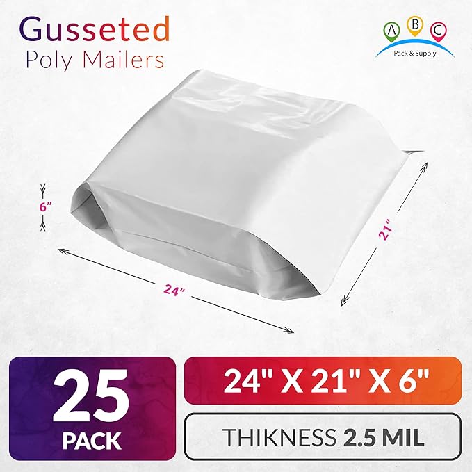 ABC PACK & SUPPLY White Gusseted Poly Mailers, 24 x 21 x 6 Inch. Pack of 25 Expansion Poly Mailers Bags. Shipping Envelopes for Clothing, 2.5 Mil. Plastic Shipping Bags Self Seal. Mailing Packages