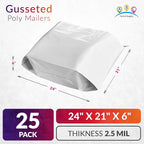 ABC PACK & SUPPLY White Gusseted Poly Mailers, 24 x 21 x 6 Inch. Pack of 25 Expansion Poly Mailers Bags. Shipping Envelopes for Clothing, 2.5 Mil. Plastic Shipping Bags Self Seal. Mailing Packages