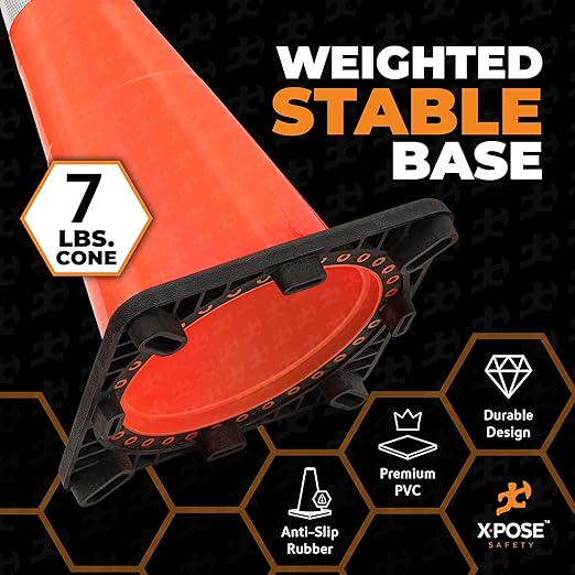 Xpose Safety 28 Inch Orange Traffic Cones with 6" Collar - 4 Pack Multipurpose PVC Plastic Safety Cone for Parking, Soccer, Caution, Kids and Construction - DOT Approved