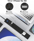 15 Ft Power Strip Surge Protector, 6 Outlets and 4 USB Ports, Flat Plug Power Strips Long Extension Cord with Overload Protection, Wall Mount for Home, Office, Dorm, ETL Listed