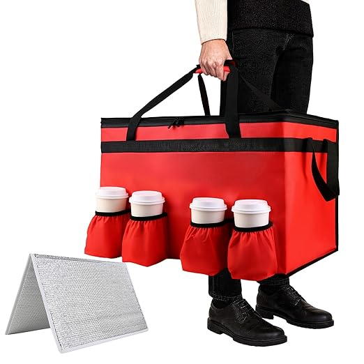 Insulated Food Delivery Bag with 4 Cup Holder, with Bottom, XXX-Large Insulated Grocery Bags with Zippered Top, Cooler Bags with Drink Carrier, Food Carrier Catering Bag,Red