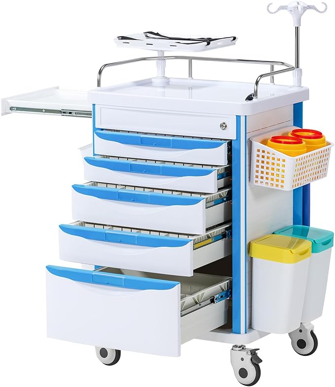 5-Tier Medical Cart, Hospital Emergency Rolling Crash Carts with Adjustable IV Pole, Silent Casters, Trash Bin & O2 Holder, Needle Disposal Holder - Ideal Nursing Trolley for Clinics, Hospitals