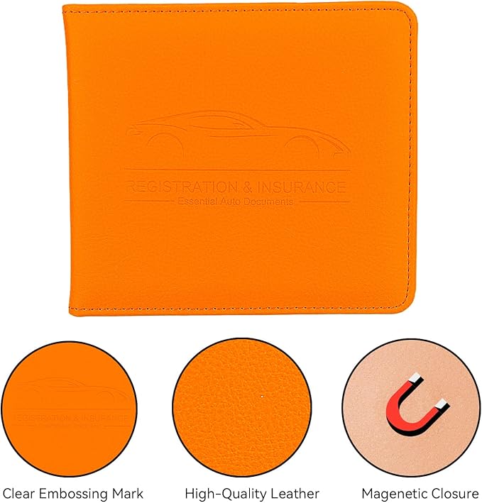 Car Registration and Insurance Holder, Premium Pu Leather Vehicle Glove Box Organizer - for Driver License, Cards & Essential Documents (S-Orange)