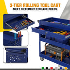 3 Tier Rolling Tool Cart on Wheels, 450 LBS Capacity Tool Cart with Drawers, Heavy Duty Rolling Utility Cart on Wheels, Rolling Tool Work Carts for Garage, Warehouse and Repair Shop,Blue