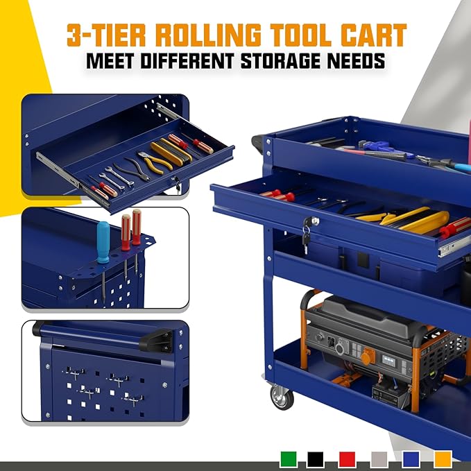 3 Tier Rolling Tool Cart on Wheels, 450 LBS Capacity Tool Cart with Drawers, Heavy Duty Rolling Utility Cart on Wheels, Rolling Tool Work Carts for Garage, Warehouse and Repair Shop,Blue