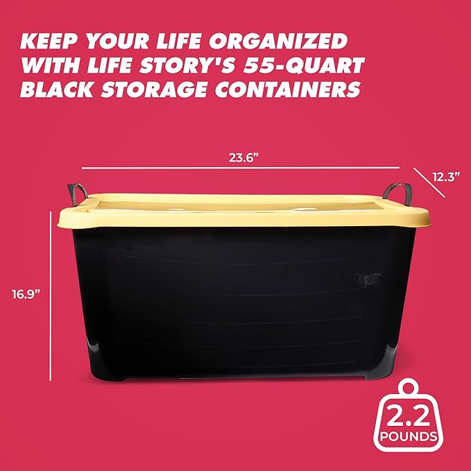 Life Story 12 Pack Heavy Duty Stackable Storage Bin, 55 Quart Home Organizer, Versatile Lightweight Locking Bins with Carrying Handles, Black/Yellow