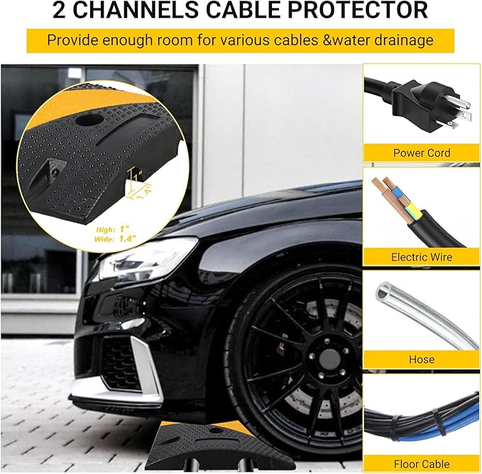 6 FT Heavy Duty Rubber Speed Bump 2-Pack, Driveway Cable Protector Ramp with Installation Bolts for Parking Lots, Garage & Gravel Roads