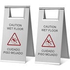 Kigley 2 Pcs Wet Floor Sign, 17 Inch Stainless Steel Caution Wet Floor Sign Double Sided Portable Foldable Bilingual Safety Warning for Hotel Market Restroom Restaurant Office (Silver)