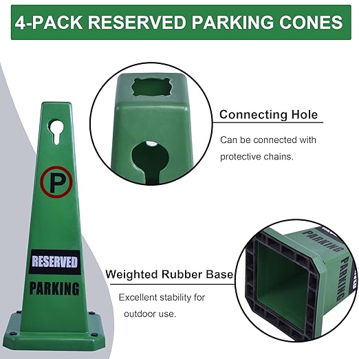 OrangeStar Reserved Parking Cones 4-Pack, 26.5" Large 4-Sided Message Safety Traffic Cones with Heavy Rubber Base for Indoor Outdoor Use, Parking Lot Control, Driveway Barriers